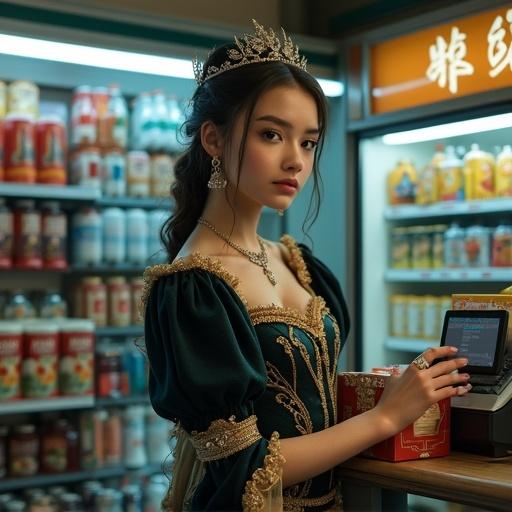 Beautiful young princess in elaborate medieval gown with intricate embroidery and gold accents. Adorned with jeweled tiara. Wearing maid-style waist apron. Standing behind electronic checkout counter in convenience store. Holding snack box. Photorealistic image with cinematic lighting. Bright convenience store interior.