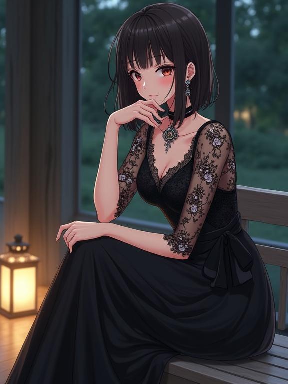 Anime lady sits elegantly on a bench. She wears a black lace dress with intricate patterns. Her hair is styled in a chic bob. Accessories include a velvet choker and earrings. Soft lighting adds warmth. She has a poised and confident expression.