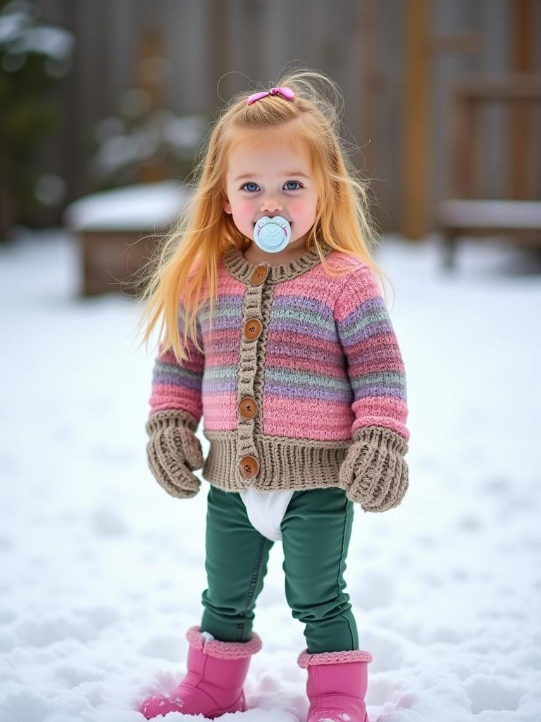 Girl with bright yellow hair smiles while playing in the snow. She wears a multi-colored knitted jumper and green jeans with diapers underneath. Pink boots on her feet. A pacifier sits in her mouth. Standing in the backyard during a play date.