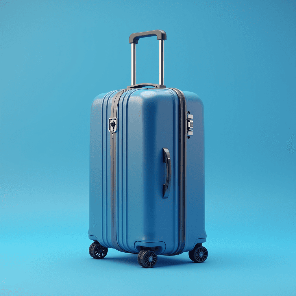 A sleek blue suitcase stands ready for travel against a matching blue background.