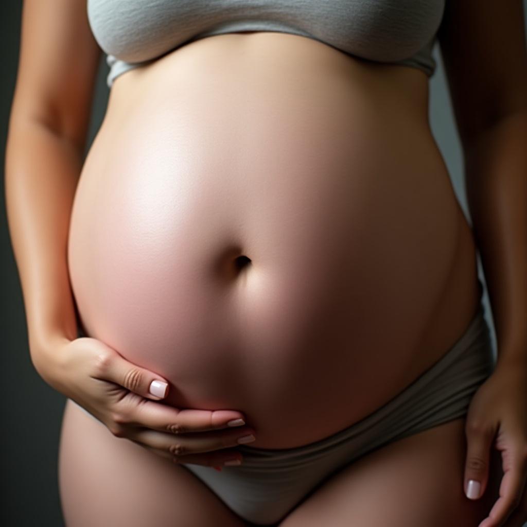 Female body exhibiting a large pregnant belly. Belly is the focal point. Emphasis on softness and warmth. Body is partially shown, highlighting the pregnancy.