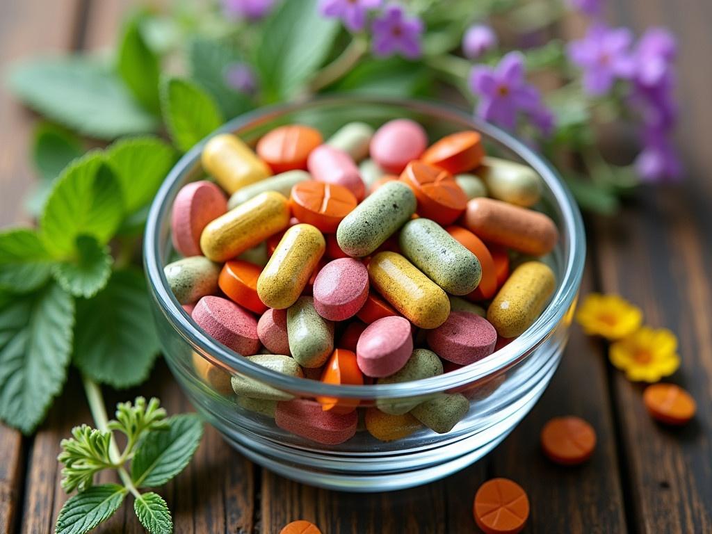 Capture a vibrant scene of herbal medicine and herbs. Display a collection of colorful herbal supplements and pills arranged in a clear glass bowl. Surround the bowl with fresh herbs such as mint and yarrow, some with small yellow flowers and purple blooms. The background should have a rustic wooden surface that enhances the natural aesthetic. Ensure the colors of the herbs and pills are vivid and eye-catching, emphasizing the theme of alternative medicine.