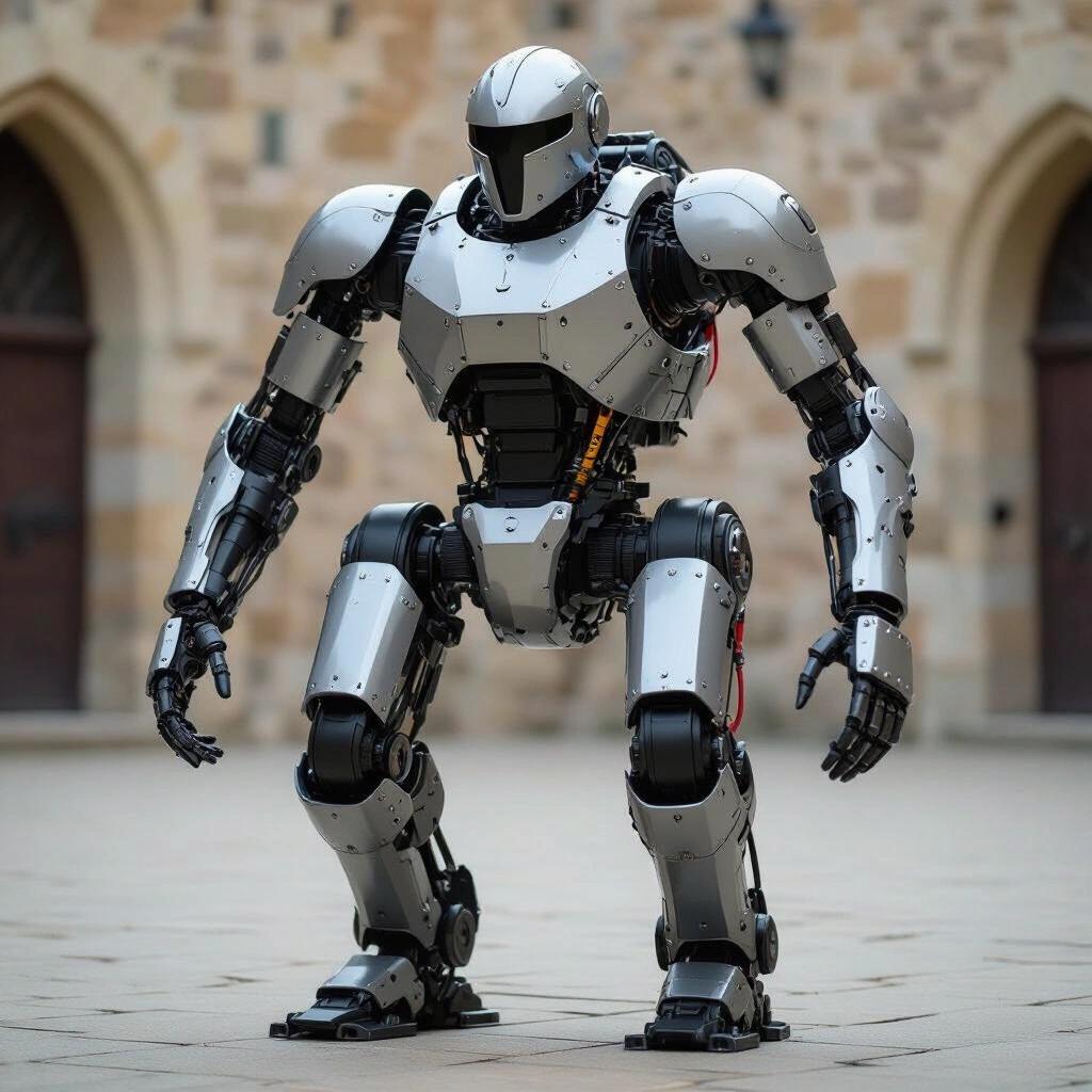 A powered exoskeleton inspired by medieval armor. Metallic design features an articulated body with intricate details. The exoskeleton stands on a stone surface in front of a medieval-style backdrop.