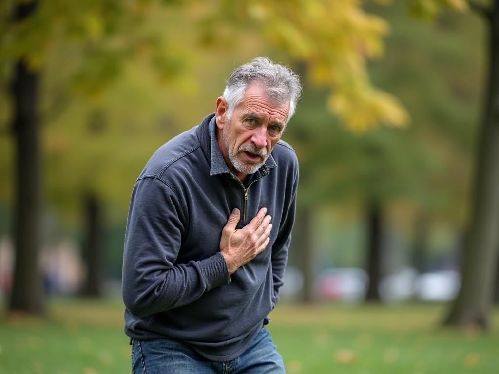 An older man, appearing to be in distress, is captured in a park-like setting with lush trees in the background. He is clutching his chest, suggesting a medical emergency. The image conveys a sense of urgency, underscored by the soft, natural lighting typical of an overcast day in autumn.