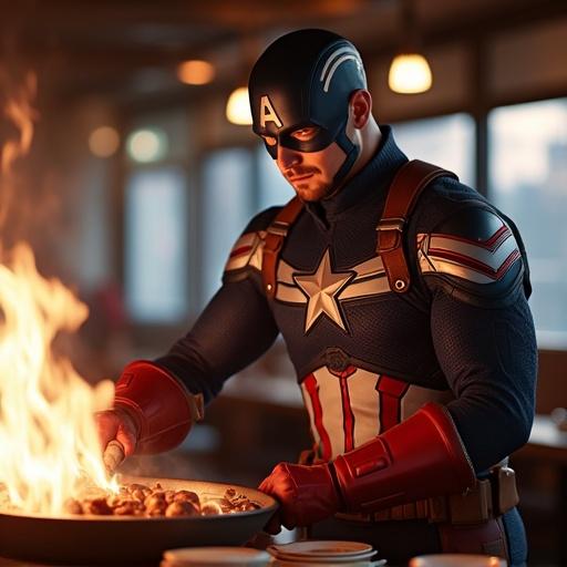 A superhero character named Captain America cooks Korean BBQ inside a restaurant. He wears a costume while managing food off a grill. Warm tones create a welcoming atmosphere.