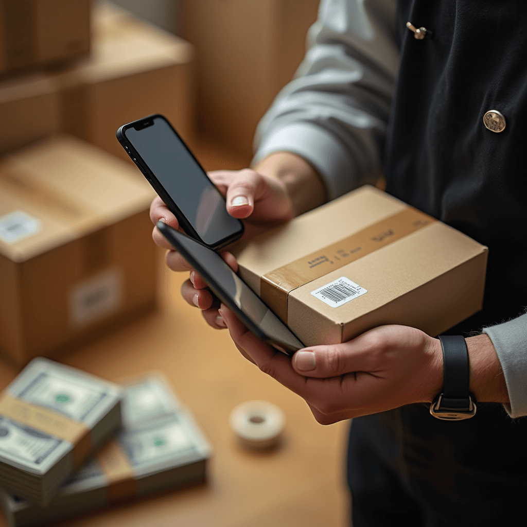 A person scans a package's barcode with a smartphone, surrounded by stacks of dollar bills and more cardboard boxes.