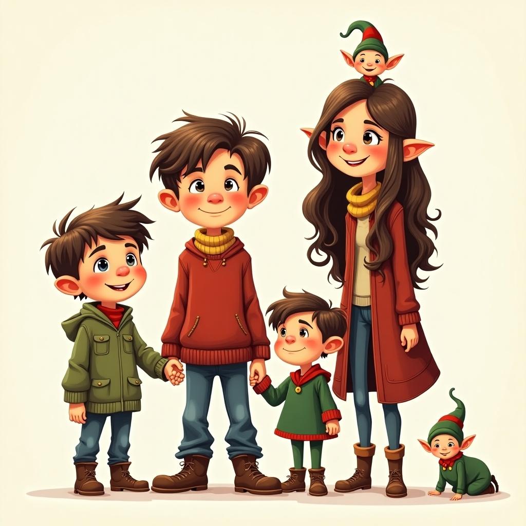 Disney Pixar inspired cartoon style sketch featuring a woman and four children including boy and girl elves.