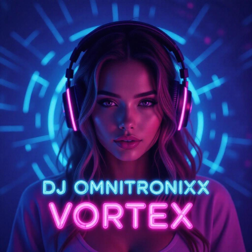 Close up of a dark neon bedroom babe with RGB colors. Artistic album cover features futuristic writing. Includes text DJ Omnitronixx and Vortex.