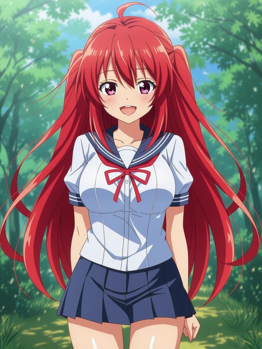A cheerful anime girl with bright red hair, wearing a white top with a blue collar and a short blue skirt, standing in a lush green environment.
