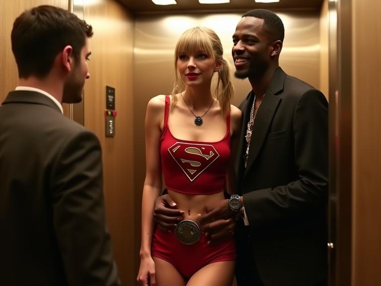 Photorealistic image of a young woman in a Supergirl costume with an older black rapper. Elevator setting with a white boyfriend in the background. Young woman has blonde twintails, bang hairstyle, impressive cleavage. The rapper is smiling and holding her close.
