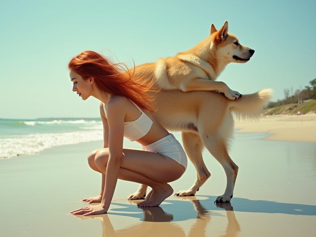 A surreal scene featuring a redhead woman in a crouched position on a beach, looking down while a large dog, with a matching fur color, appears to be playfully positioned on her back. The beach background includes soft waves and a blue sky, creating a contrast with the warm tones of her hair and the dog's fur. The sunlight adds a vibrant yet serene ambiance to the composition.