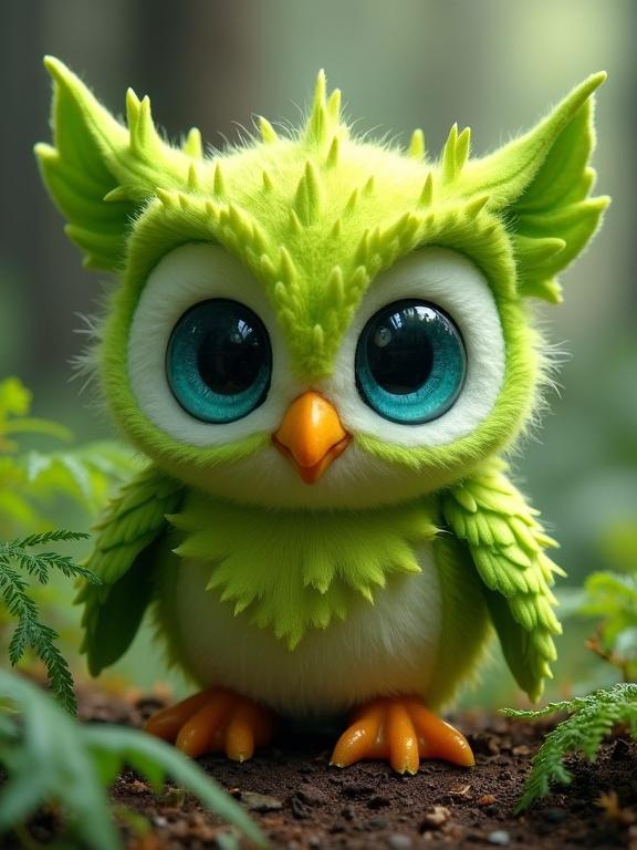 A character named Forest Spriggle resembling a cute, plush-like owl. Vivid lime green color with large aqua blue eyes. Surrounded by fern plants in a blurred forest setting. The character appears soft and magical with a curious expression.