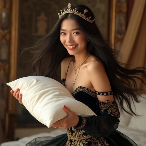 A 20-year-old woman embodies a medieval fantasy queen with Asian features and European appearance. She has glowing porcelain skin, long dark hair in motion, and a golden tiara. Dressed in an elegant black bodice with gold embroidery and a silk sash. Holding a white pillow joyfully, with a playful smile. The background features a luxurious royal bedroom.