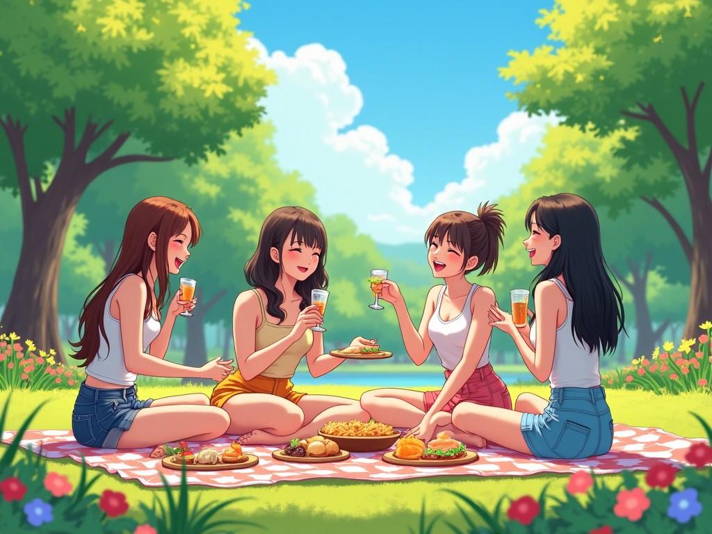 A cheerful anime-style scene of four friends having a picnic in a sunny park, surrounded by lush trees and green grass, with dishes spread out on a blanket, the characters are laughing and holding drinks.