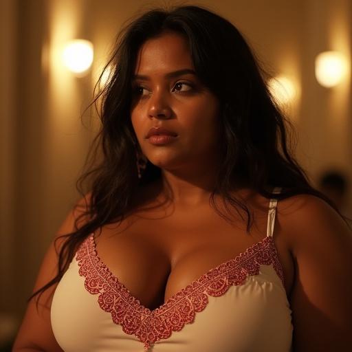 A hyperrealistic candid photo featuring a voluptuous South Asian woman. She has full cheeks and a gentle jawline. Her olive skin glistens with dew. She looks off-camera with a pensive expression. Her dark wavy hair appears damp and messy. She wears a simple white camisole with a wide red-and-white paisley print band. The background is a warm golden blur with soft lights.