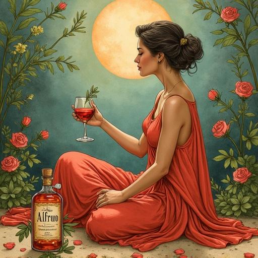 Stylized advertisement depicting a 1920s speakeasy with a modern goddess. A woman in a flowing silk dress meditates with jazz musicians. She holds a glass of reddish herbal liqueur to her partner. Surroundings feature rose petals and lush plants. Prominent spirit bottle labeled 'ALFRUNO'. Earthy tones of green and terracotta mixed with bright blue in a whimsical watercolor style.