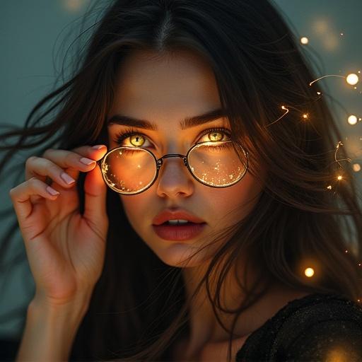A semi-realistic portrait of a woman from the waist up. She holds her glasses loosely in one hand. Her eyes glow with magical energy. Arcane runes are reflected in her irises. Her long hair flows gently in the wind. The texture of her skin and clothing is detailed. The lighting is cinematic. Magical energy flows from her eyes and fingertips. Particles of light swirl around her. She has a dramatic and emotional expression. An enchanted atmosphere surrounds her.