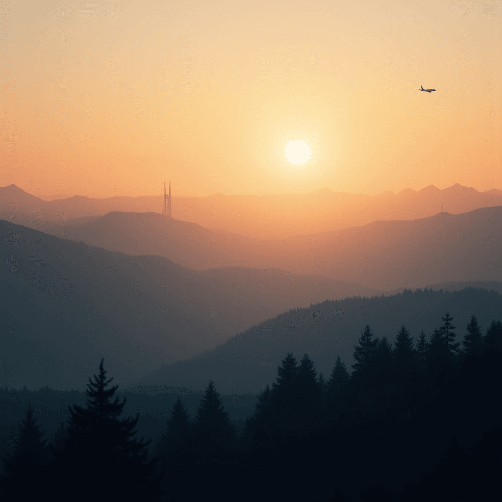 A serene sunset over undulating mountain ranges, silhouetted in shades of blue and orange, with a distant plane and tall radio tower in the composition.