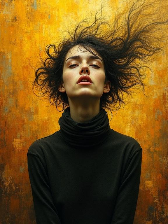 A striking portrait shows a figure with wild hair against an amber and gold backdrop. The subject's expression conveys deep feelings of disappointment and astonishment. The background features abstract patterns enhancing the surreal atmosphere.