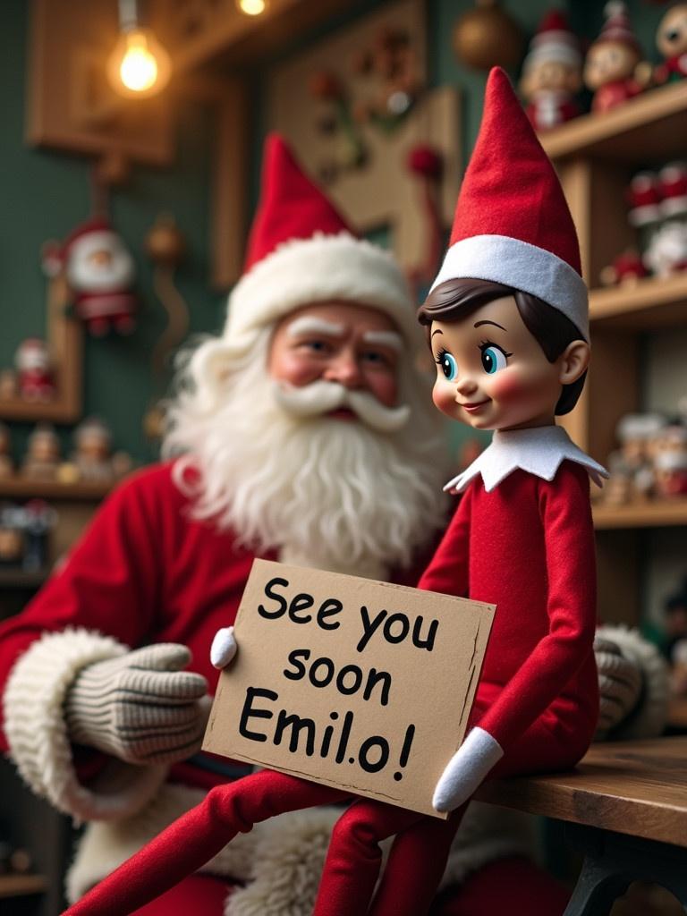 Elf on the shelf wears traditional red outfit. Elf holds sign that says 'See you soon Emilio!' with Santa. They are in toy workshop surrounded by toys and decorations.