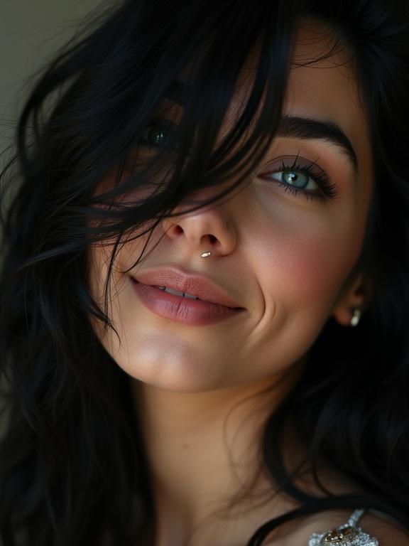 An extreme close up macro photo with heavy film grain captures a beautiful woman tilting her head playfully. A french italian rocker chick with long black hair draped over one eye. She has piercing turquoise eyes and smiles shyly. Long eyelashes highlighted by low lighting. Angle is low and extremely close to the camera lens.