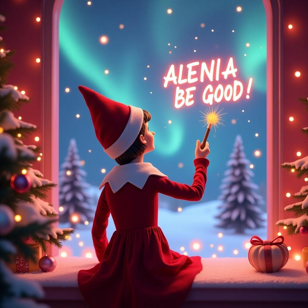 Enchanting Christmas scene featuring a female elf on the shelf. Elf dressed in red and white is facing the sky. The elf wields a magic wand, writing ALENIA BE GOOD! in glowing script. Backdrop adorned with vibrant northern lights. The overall scene is pink and festive, portraying the spirit of Christmas with a whimsical twist. Sense of wonder and excitement capturing the joy of the holiday season.