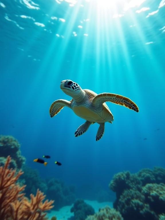 Underwater scene features a small bandaged sea turtle swimming in clear blue ocean water. Sunlight filters in rays from above. Colorful coral reefs and small fish are present in the background. The atmosphere is serene and beautiful, conveying a sense of hope.