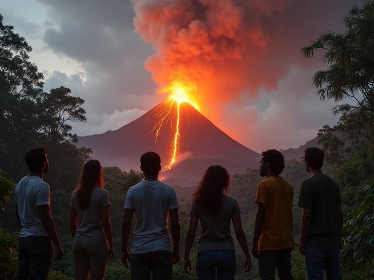 Seven adults observing a volcanic eruption. The scene shows a dense tropical forest and a volcano emitting smoke and lava. Their expressions indicate fear and urgency. Surrounding lush greenery contrasts with fiery eruption. The sky darkened with ash and orange glow from lava.
