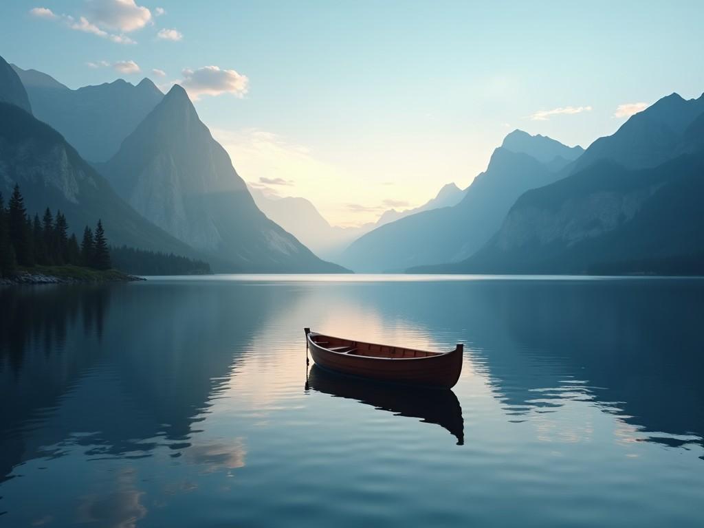 A serene lake surrounded by majestic mountains during twilight. In the foreground, there is a wooden boat gently floating on the calm water. The mountains are partially shrouded in mist. The sky showcases soft pastel colors as the sun sets on the horizon. The overall atmosphere is peaceful and tranquil, inviting viewers to relax and reflect.