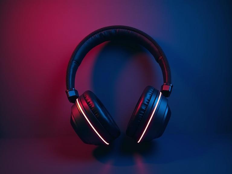 Noise canceling headphone with colorful light. Light navy and dark magenta colors used. The design is modern and appealing.