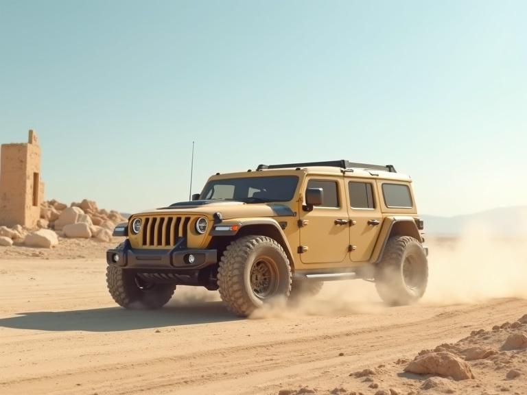 Image of a sleek, dusty, light beige polygonal military army jeep driving on a road in a sunny desert setting with stone city ruins under a clear blue sky, featuring detailed textures and shadows, high realism, 4k quality.
