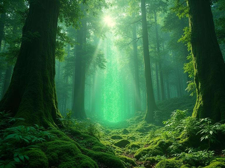Award-worthy movie poster depicting a lush forest scene. Emerald neural networks pulse through the rainforest. Jade data streams flow through ancient trees. Microscopic views show algorithmic spores aiding moss growth. Intelligent moss networks rejuvenate the ecosystem. Forest light filters through the canopy. The title 'The Verdant Protocols' is displayed. Bottom credits include 'DIRECTED BY NATURE • PRODUCED BY INNOVATION • SCREENPLAY BY HUMANITY'. The image is ultra-detailed and photorealistic.