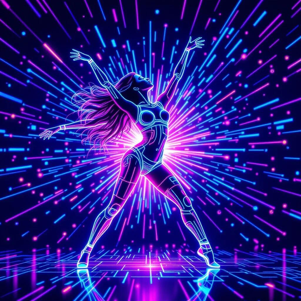 Futuristic image of humanoid dancer composed of neon light lines. Dancer in dynamic pose with arms raised. Body made of light beams and particles. Circular strokes in the background simulate circuits. Digital vibrant setting resembling music system. Body radiates lights with pink rays highlighted. High-quality futuristic image.