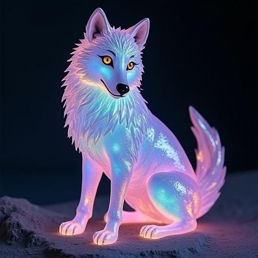 A fantasy-style wolf made of shimmering iridescent crystal glowing softly with rainbow hues as if enchanted or from a mythical realm.