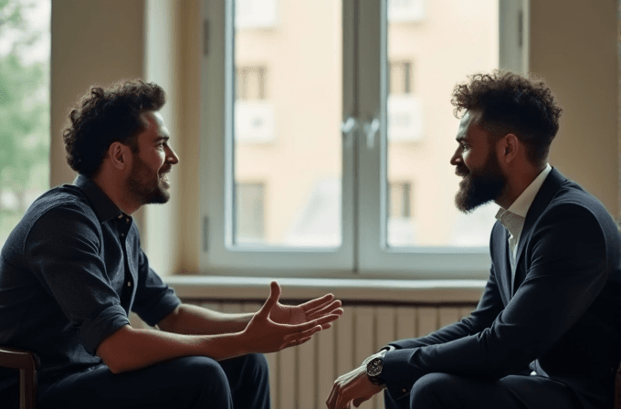 Two men sit facing each other, engaging in a conversation near a window.