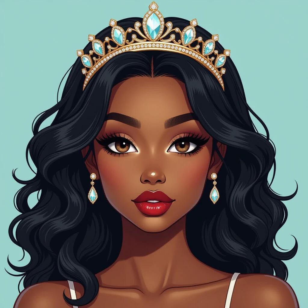 A detailed portrait of a female with dark skin and brown eyes. Full lips paired with black wavy hair. She wears a tiara and earrings. The style is reminiscent of comic book art featuring sharp lines and cell shading.