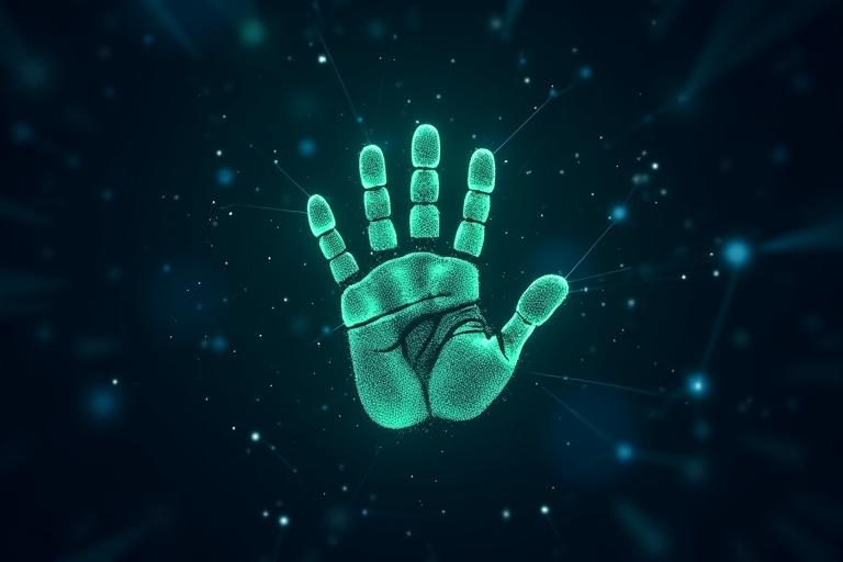 Digital handprint glowing in green and blue. Surrounded by interconnected nodes and light trails on a dark blue starry background. Emphasis on blockchain network visualization.