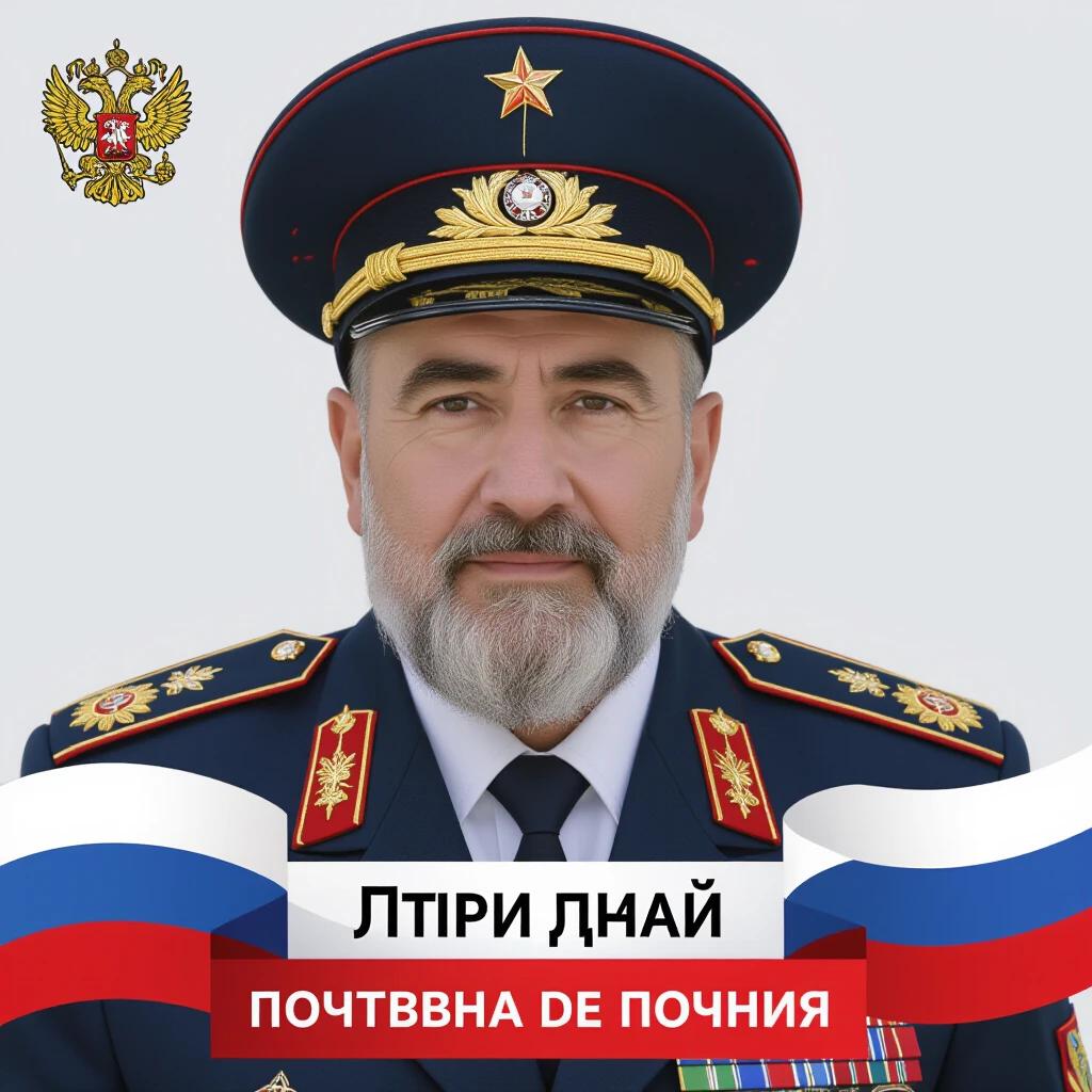 Image of a Russian prison warden in full military uniform. The officer has a beard and a serious expression. The background features the Russian coat of arms and stylized elements in the national colors.