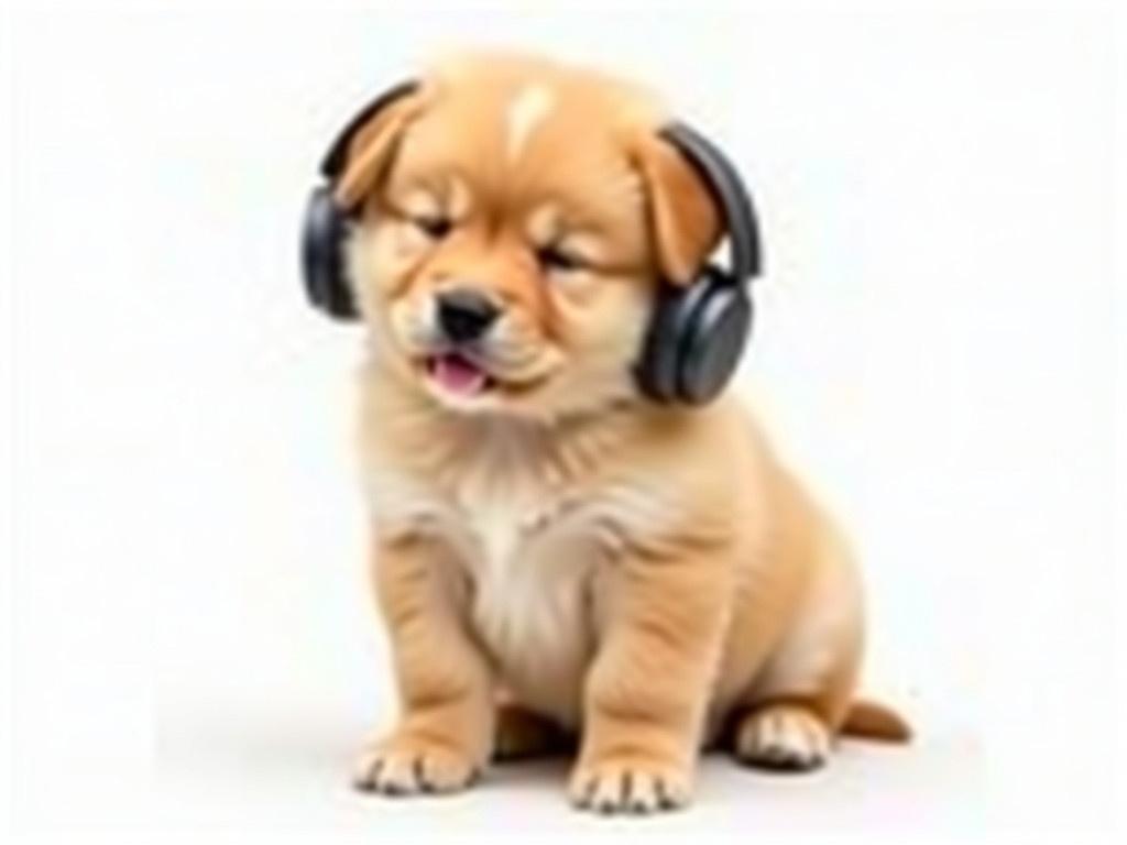 A young puppy with fluffy golden fur is sitting down with its eyes closed, enjoying music through a pair of earphones. The puppy has a serene expression on its face, as if it's lost in the melody. The earphones are snugly fitted to its ears, emphasizing its small size and cuteness. The background is plain white, which makes the puppy stand out. Its pink tongue slightly peeks out, adding to the adorable scene.