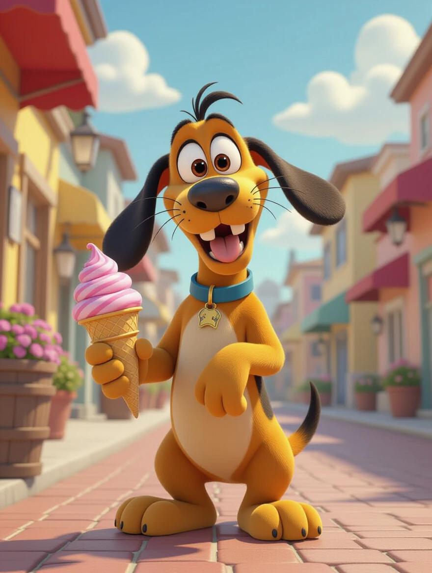 3D animated character dog with brown fur. He is smiling and holds a pink ice cream cone. There are colorful buildings in the background. The scene looks lively and cheerful.