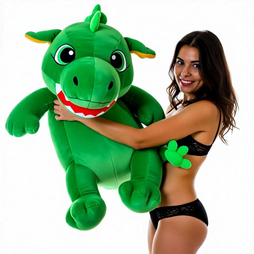 A woman in black lingerie holds a large green stuffed dragon toy. She smiles and poses confidently showing the dragon prominently.