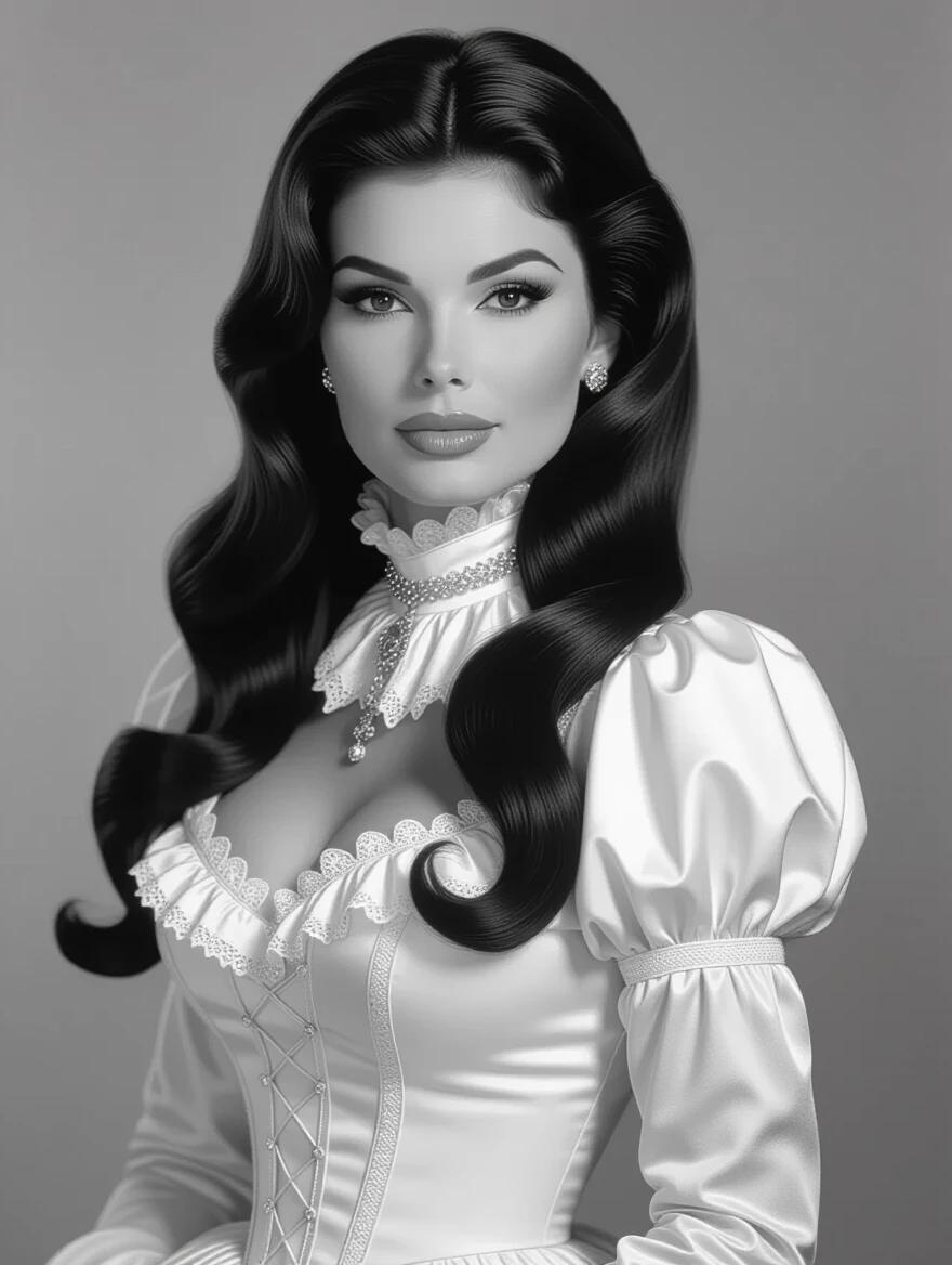 Image depicts a woman in a Victorian dress. Dress is form-fitting with a tall collar. Hair is long and brunette styled elegantly. Makeup is evocative with perfect eyebrows and false eyelashes. Image is inspired by a classic photograph.