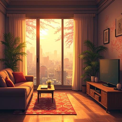 Anime style futuristic living room shining with light gold and onyx black color tones. Cozy space with seating, a small table, and a TV. View from a 3rd floor apartment showcasing a red cherry blossom tree in the city. Warm sunlight during noon hours illuminating the room.