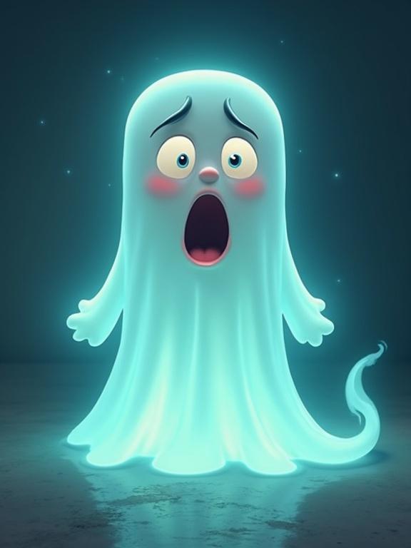 Cartoon figure representing a ghost with an expression of shock. Character has a glowing blue appearance, emphasizing a light and dreamy atmosphere. The design features humorous elements.