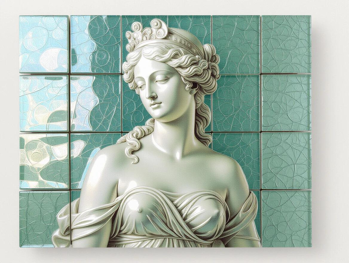 An ethereal depiction of a majestic nude woman. Original style blends ceramic tile with glass mosaic. Abstract encaustic mixed media art. Decorative image inspired by the decor of the Versailles court.