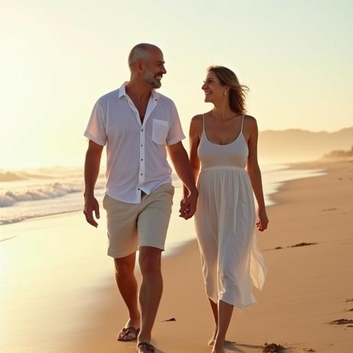 Couple walks on beach during late afternoon. Light summer clothes. Both around 50 years old. Man is 6'7" bald with gray goatee. Woman is 5'4" a little chubby with wide hips. Smiling and chatting. Deeply in love.