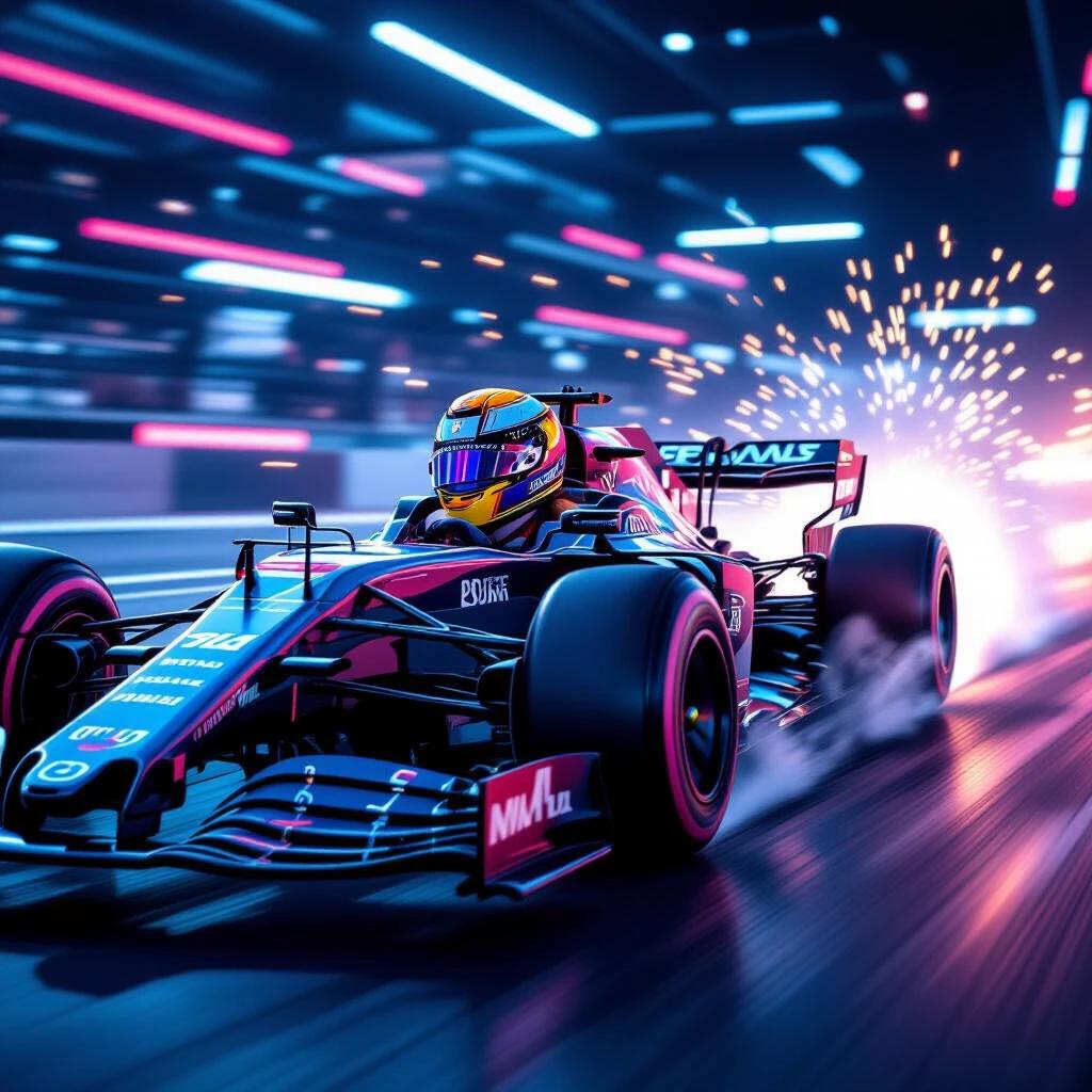 Futuristic Formula 1 car with a female driver in a high-tech helmet in a neon-lit racetrack. Tires smoke and sparks fly from undercarriage. Motion blur shows speed. The car has a carbon-fiber body with dynamic lighting and reflections.