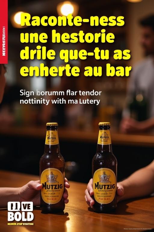 Image features two bottles of Mützig beer on a wooden table. Background is a cozy bar with warm lighting. Bold yellow text is at the top center. Live Bold slogan is at the bottom left. Never Stop Starting banner appears at the top left. People can be seen enjoying drinks in the background.