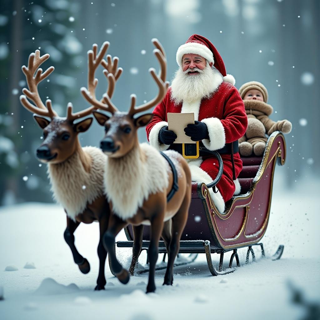 Realistic depiction of Santa Claus on a sleigh pulled by a realistic reindeer in a snowy landscape. Santa wears a classic red suit with white fur trim and smiles warmly. Soft snowfall adds to the wintery atmosphere and Santa holds a list.