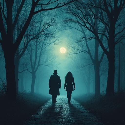 Silhouetted figures walking down a moonlit path through a dark, wooded area.